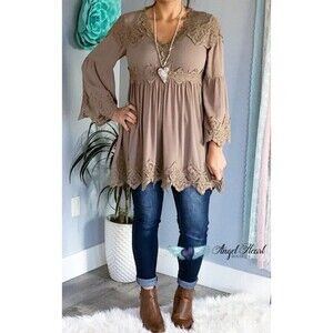 Angel Heart Boutique Blouse Womens M Brown Mocha Babydoll Top Boho Fairy Country